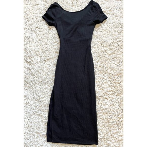 Antistar Soft Stretch Ribbed Black Midi Dress With Back Cutout & Short Sleeves N - Picture 3 of 5